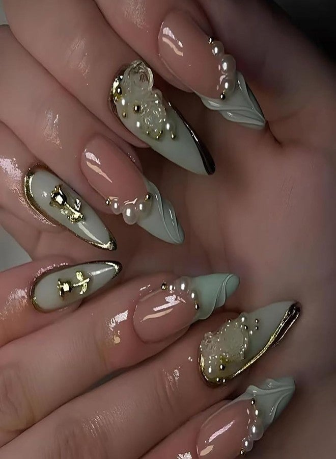CJDLTS 24Pcs Green French Tip Press on Nails Long Length Gold Rose Flower and Pearl Design 3D Acrylic False Nail Full Cover Artificial Stick on Nails Almond Saped Press Ons Glue on Nails for Women - Image 1